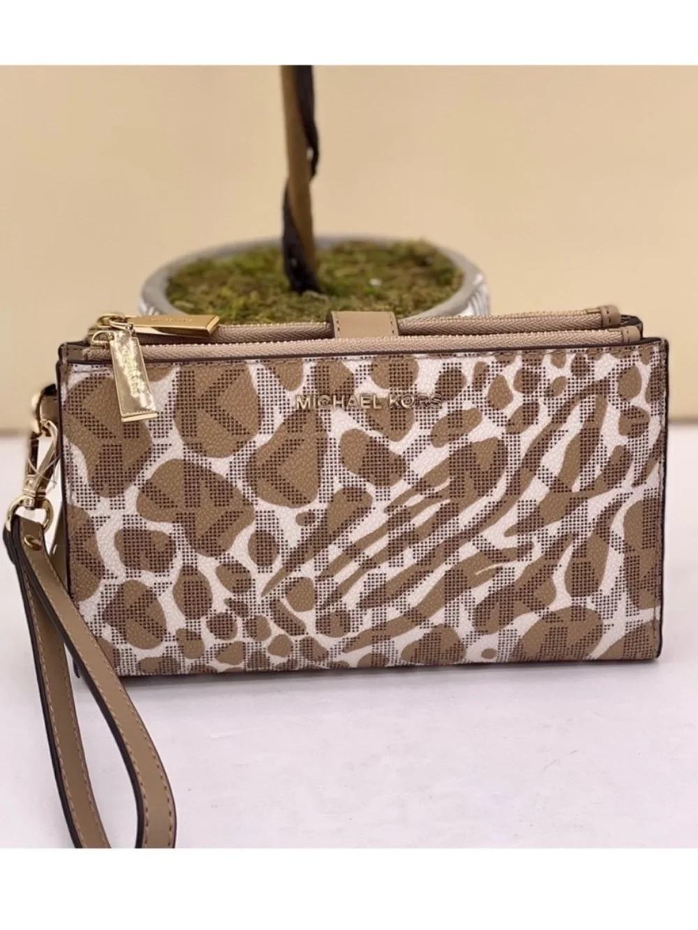 Michael Kors Animal Print Wristlet in Khaki and Cream with Gold Hardware
